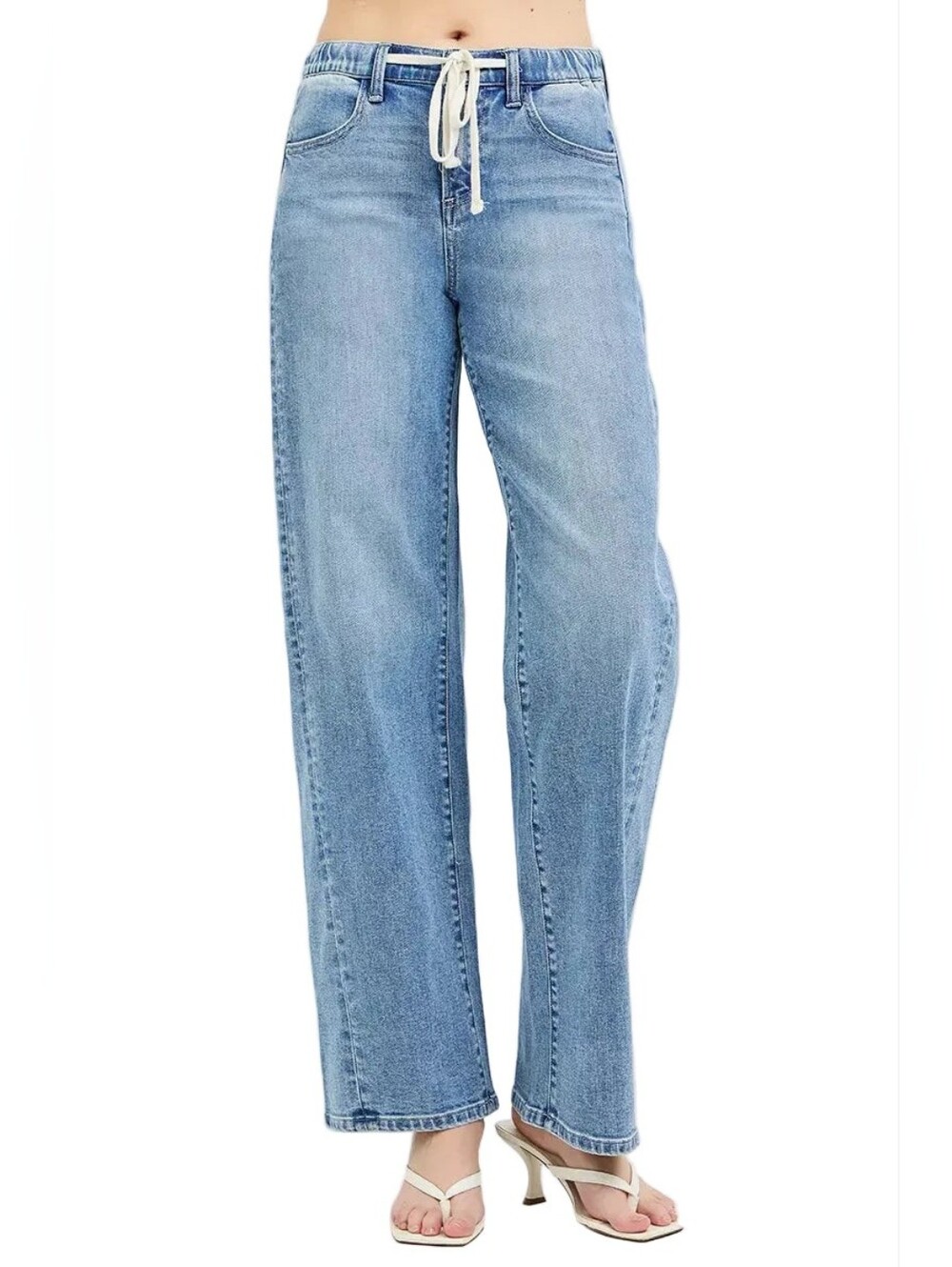 Risen High-Waist Drawstring Elastic Waist Relaxed Fit Panel Wide-Leg Denim Jeans - Picture 10 of 15